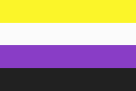 A flag with horizontal stripes in bright yellow, white, purple, and black.