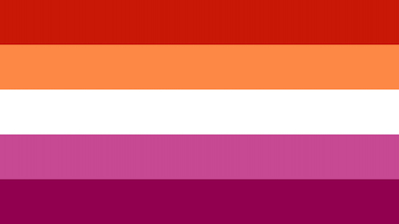 A flag with five horizontal stripes that are red, orange, white, pale pink, and dark pink.